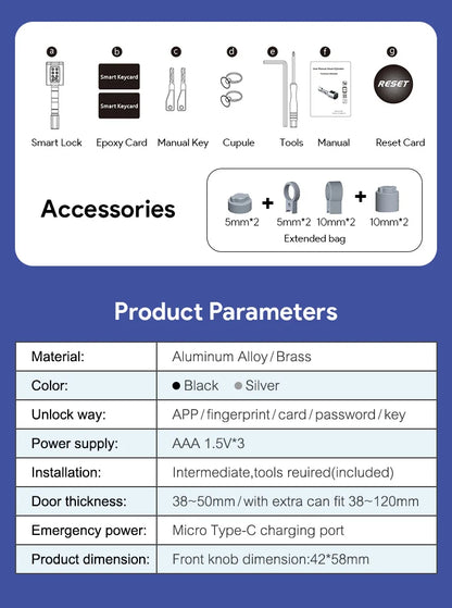 V1 Pro+ Smart Door Lock – TUYA App Adjustable Fingerprint, Password & RFID Cylinder for Home Security