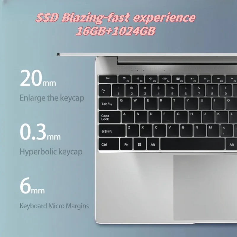 Ultra Slim 14.1" Laptop – Intel N3700, 16GB RAM, 2TB SSD, Windows 11 Pro, Full HD Notebook for Office & Study