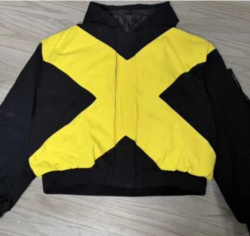 2026 Black & Yellow Cross Jacket - American High Street Loose Fit Stand Collar Zipper Cardigan Jacket