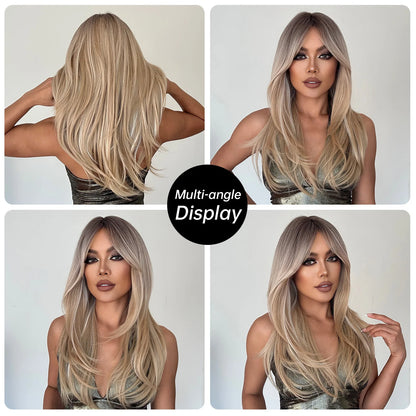 Long Straight Layered Blonde Wig with Platinum Highlights — Synthetic Hair with Bangs, Heat-Resistant for Women Daily & Cosplay