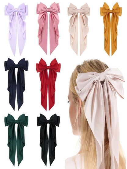 8 Ladies Satin Ribbon Bow Hair Clips – Oversized White, Pink, Red, Blue, Black Long Tail, Spring Clip for Ponytail Hair Accessories