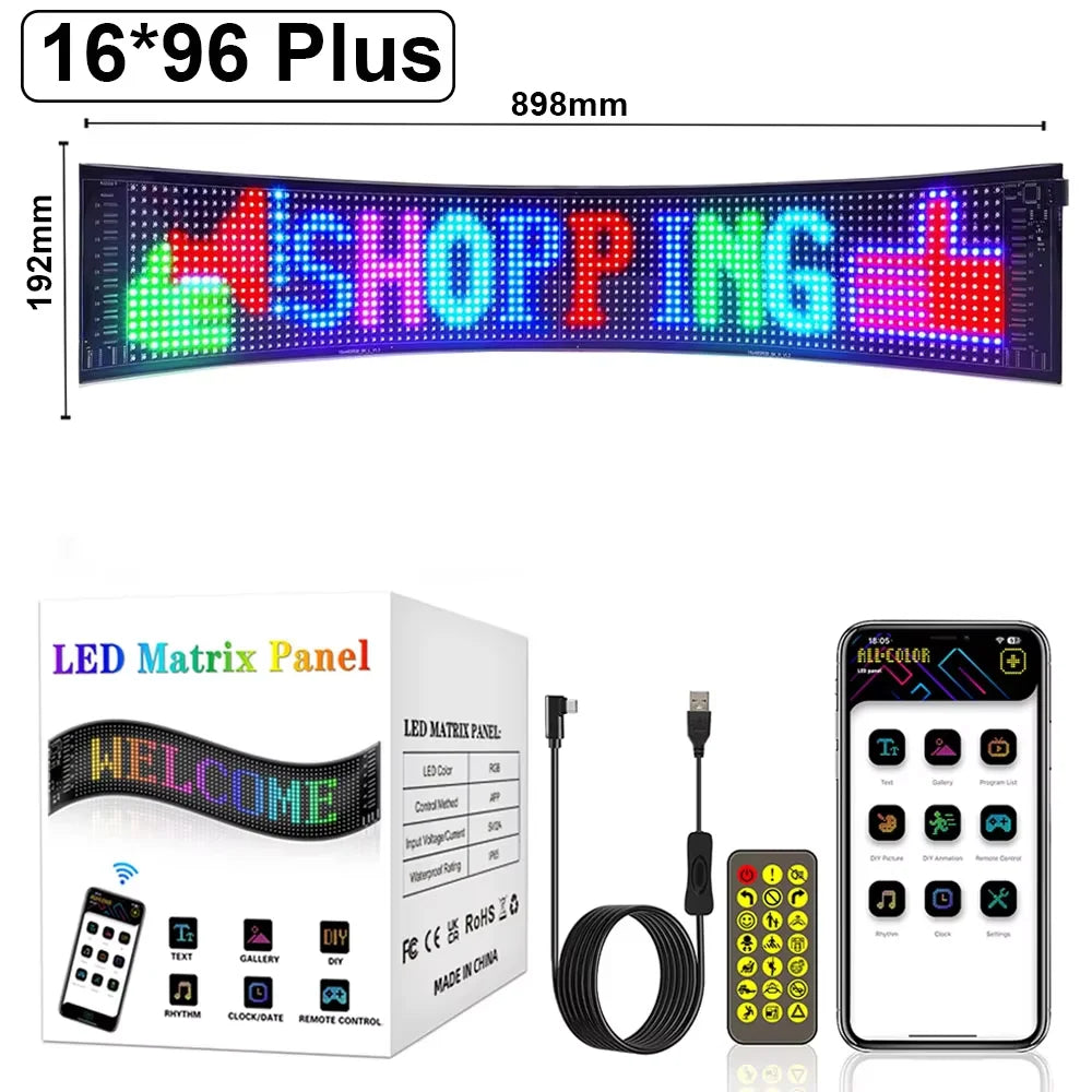 Programmable Flexible RGB LED Display Screen - USB-Powered Scrolling Sign with Bluetooth App, Custom Text & DIY Animations