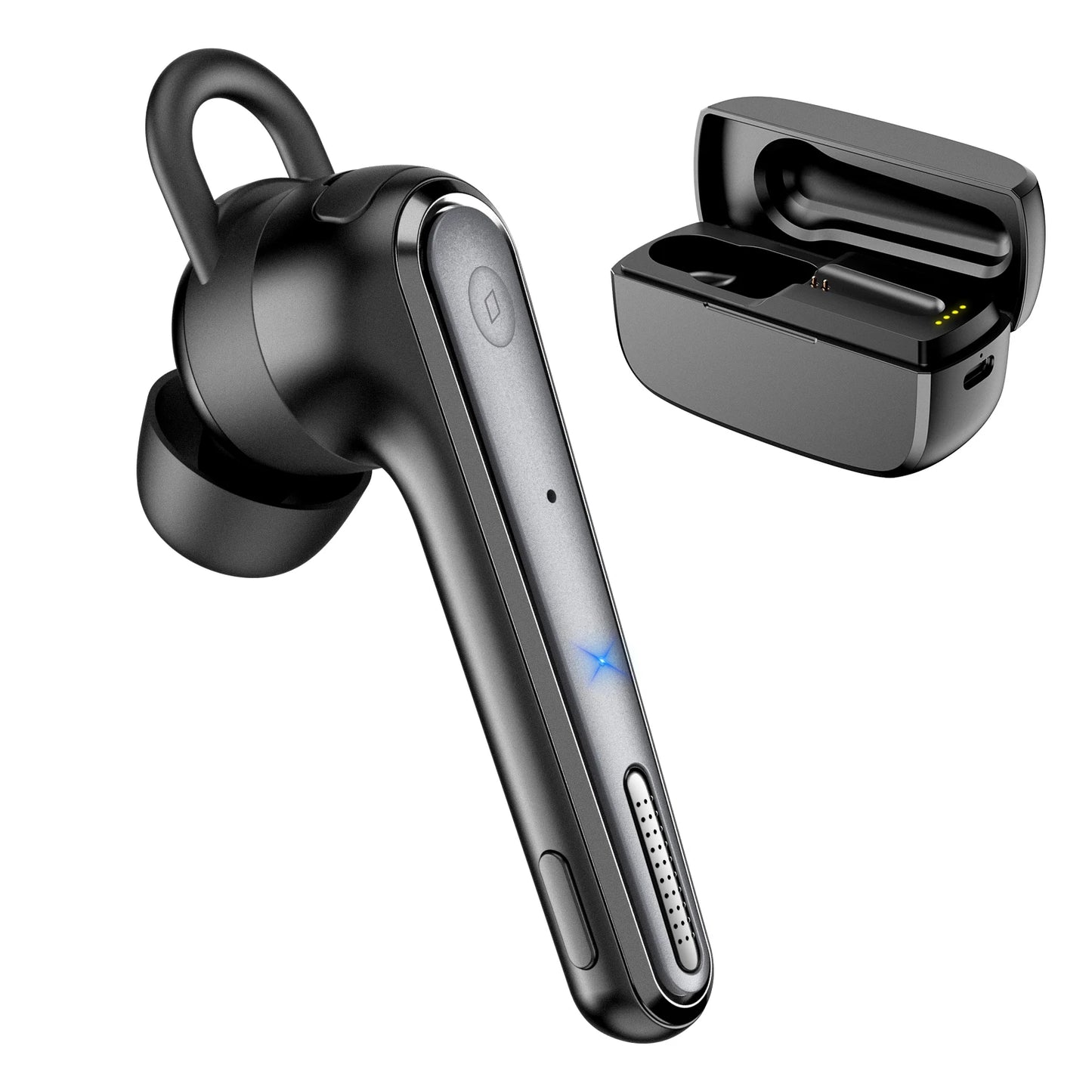 New Bee M52 Bluetooth 5.0 Headset – Wireless Single-Ear Business Earbuds with Dual Mic, Mute Function, 500mAh Charging Case for Driving Handsfree