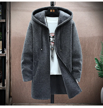 Men's Cashmere Hooded Cardigan Coat – Warm Fleece Long Sweater Jacket for Autumn Winter