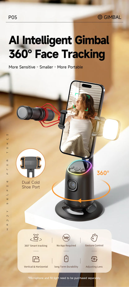 AI Smart 360° Gimbal with Auto Face Tracking – All-in-One Phone Holder & Video Stabilizer Tripod
