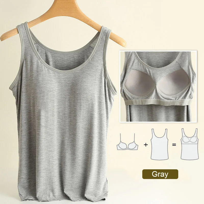 Women’s Modal Plus Size Tank Top - Soft Built-In Chest Pad Camisole with Comfortable Integrated Wear-Free Support