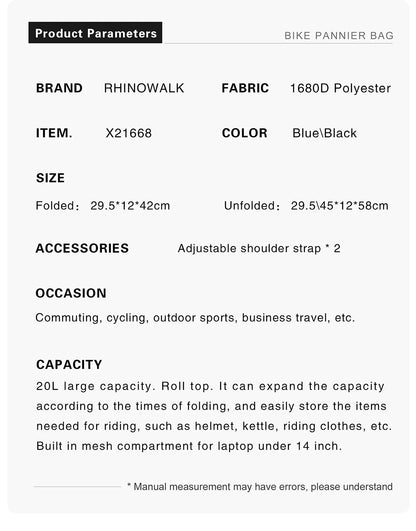 Rhinowalk 20L Bike Pannier Bag — Waterproof Rear Rack Bicycle Shoulder Backpack, Travel & Cycling Accessories