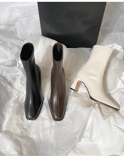 Vintage Warm Cotton Women’s Ankle Boots – Fashionable Square Toe, Elegant Autumn & Winter Short Booties with Thick Heel