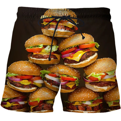 3D Sausage Print Beach Shorts - Funny Food Graphic Elastic Waist Swim Trunks for Men