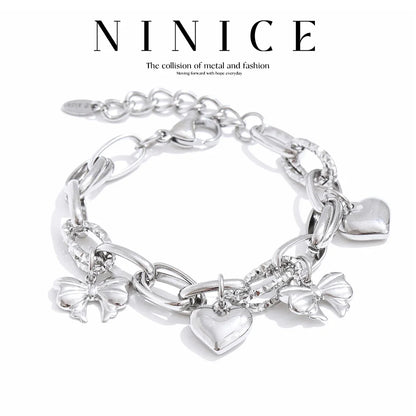 NiNice Stainless Steel Heart & Bow Pendant Bracelet – Romantic DIY Fashion Jewelry Gift for Women, Elegant Trendy Design