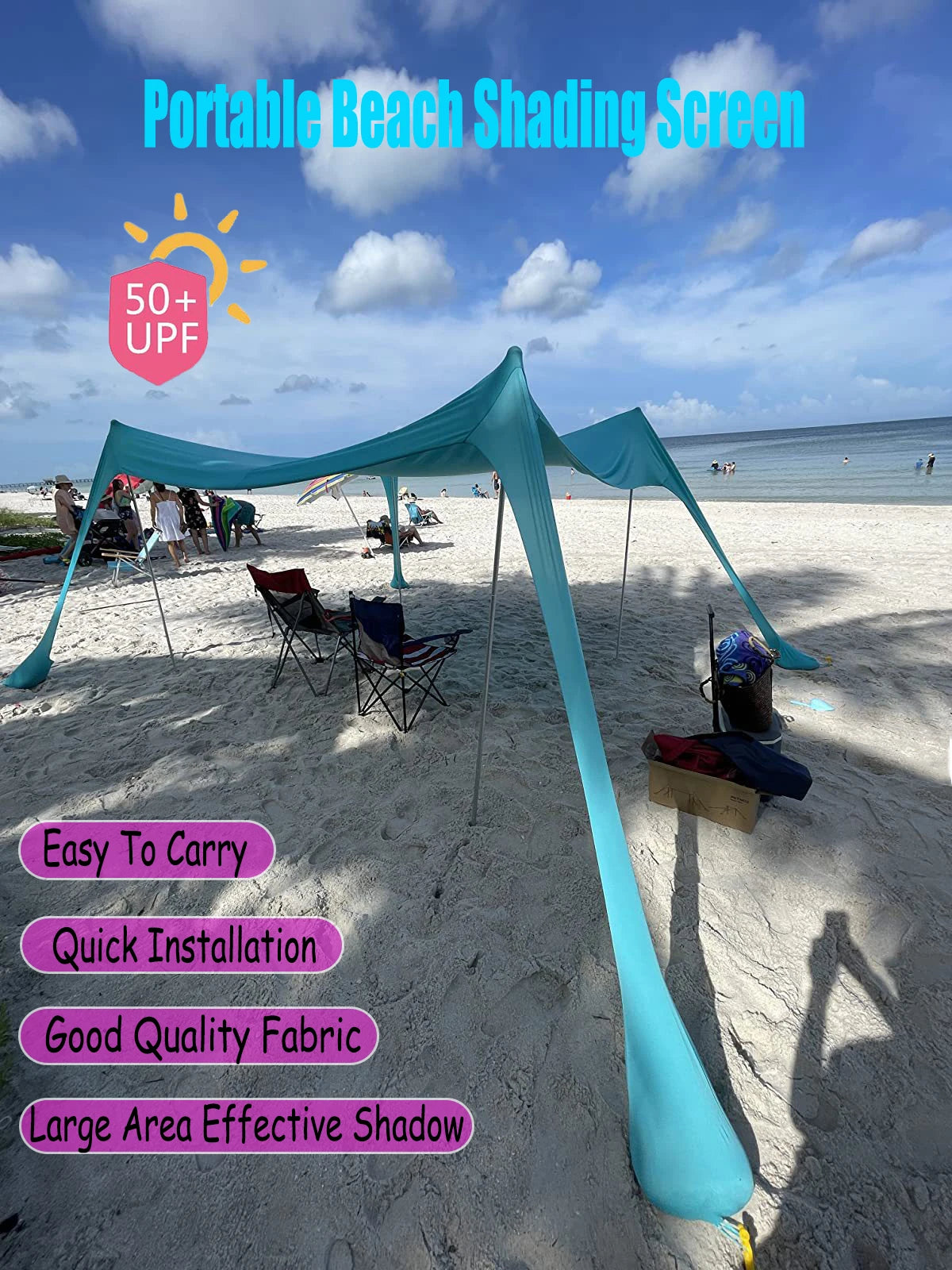 Family Beach Canopy – Large UPF50+ Sunshade Tent with Stability Poles for Beach, Camping, Parties & Picnics