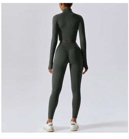 3PCS Women’s Yoga & Workout Set – Long Sleeve Zipper Top with High Waist Leggings Fitness Sportswear