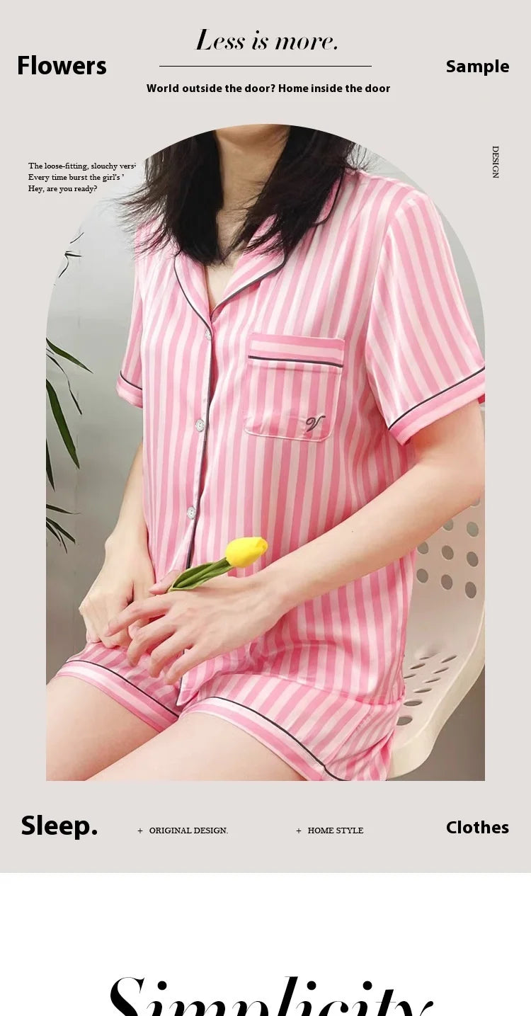 Plus Size Women’s Pajama Set – Short Sleeve Cardigan & Striped Shorts Two-Piece Homewear