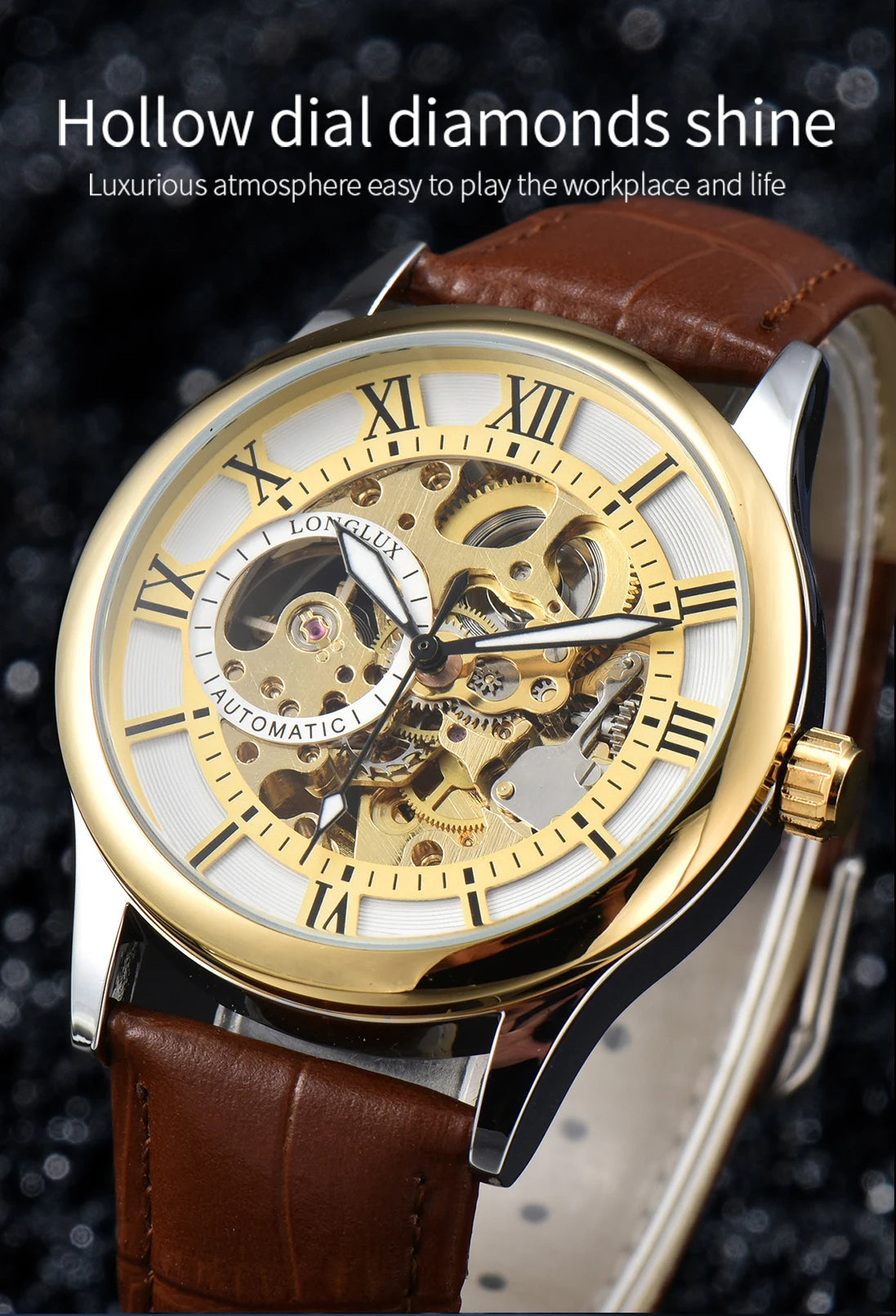 LONGLUX Rome Automatic Mechanical Waterproof Men’s Watch – Hollow Dial Leather Wristwatch Gift