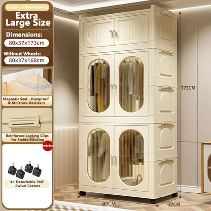 Foldable Storage Cabinet with Drawers – Dustproof Wardrobe Organizer for Home & Office