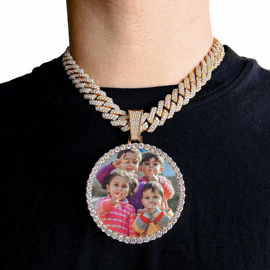 Custom Photo Medallion Necklace - 18K Gold Iced Out Cuban Pendant Hip Hop Personalized Picture Jewelry Gift