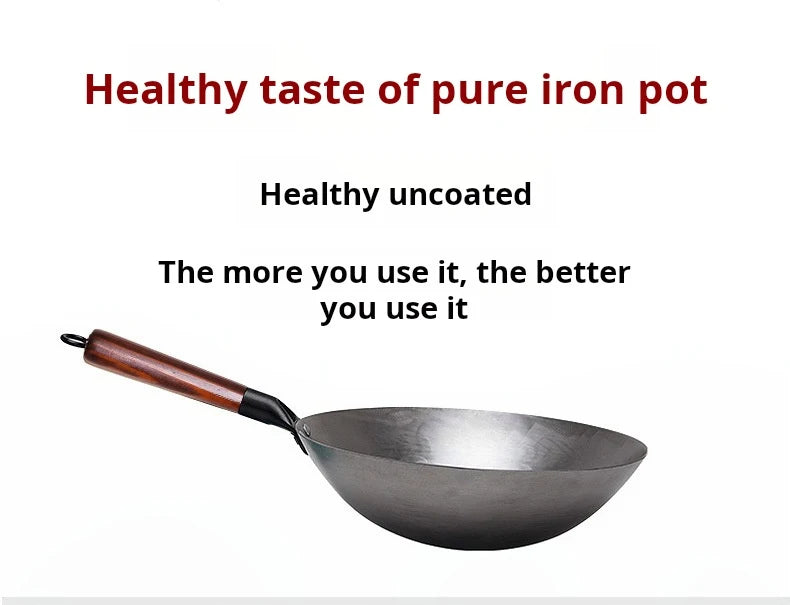 30cm Traditional Hand-Forged Iron Frying Pan, Non-Coated with Wooden Handle, Old-Style Household Cookware