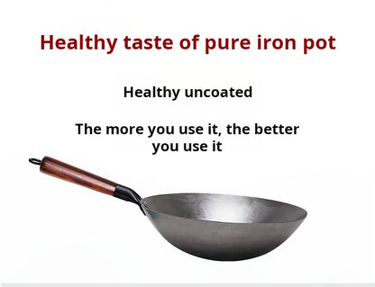 30cm Traditional Hand-Forged Iron Frying Pan, Non-Coated with Wooden Handle, Old-Style Household Cookware