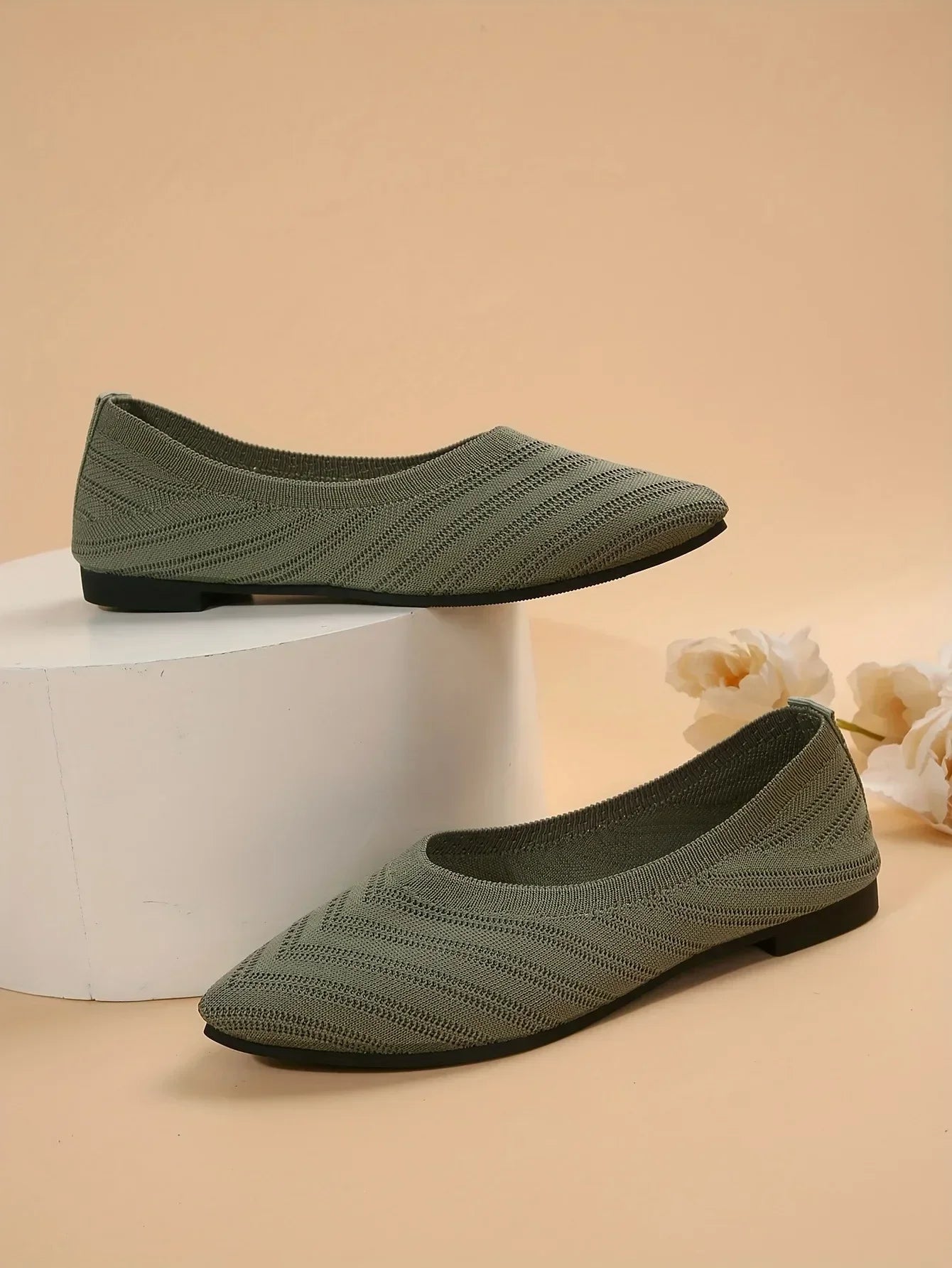 Women’s Pointed Toe Knitted Slip-On Flats – Solid Color Casual Breathable Ballet Loafers