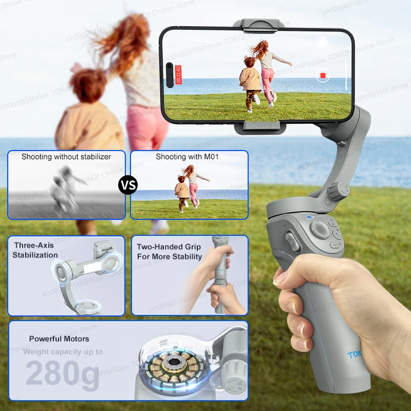 TOKQI M01 3-Axis Handheld Gimbal Stabilizer – Anti-Shake Foldable Holder, Selfie Tripod with Fill Light for iPhone & Smartphones