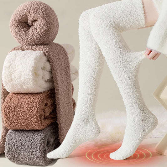 Winter Warm Coral Fleece Thigh High Socks for Women - Plush Over-Knee Long Socks, Soft and Cozy for Home and Sleep
