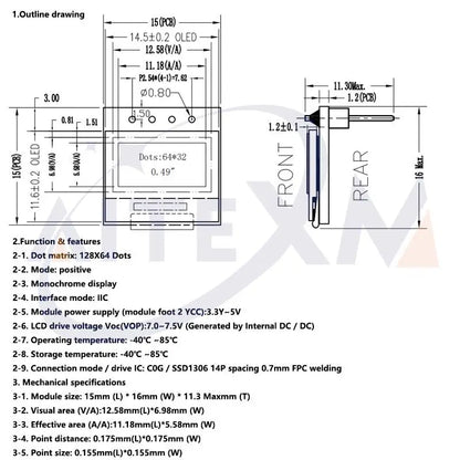 AITEXM 0.49 Inch OLED Display Module - 64x32 SSD1306 I2C IIC Screen for Arduino AVR STM32 DIY Projects