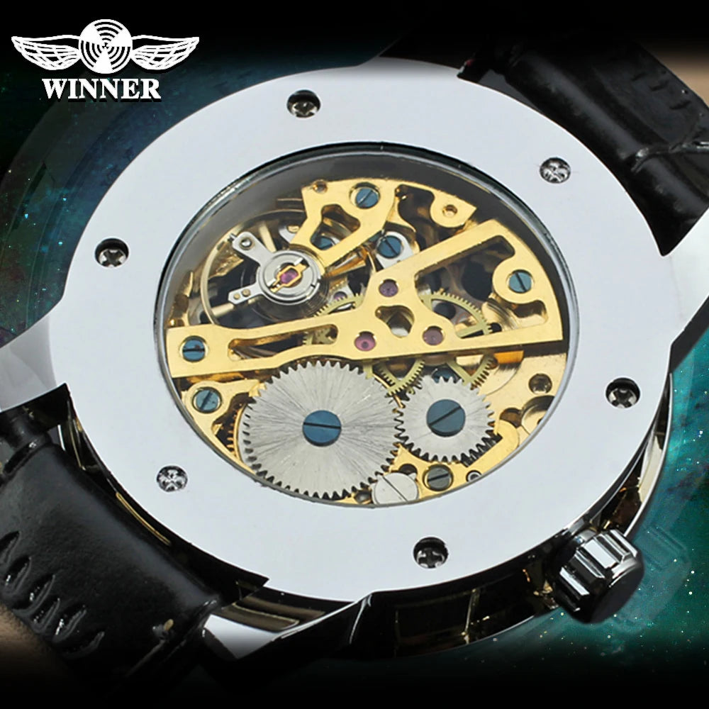 T-Winner Classic Skeleton Watch – Mechanical Hand-Wind Wristwatch with PU Leather Strap for Men & Women