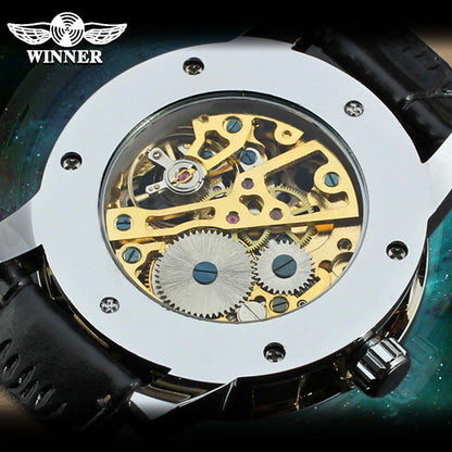 T-Winner Classic Skeleton Watch – Mechanical Hand-Wind Wristwatch with PU Leather Strap for Men & Women