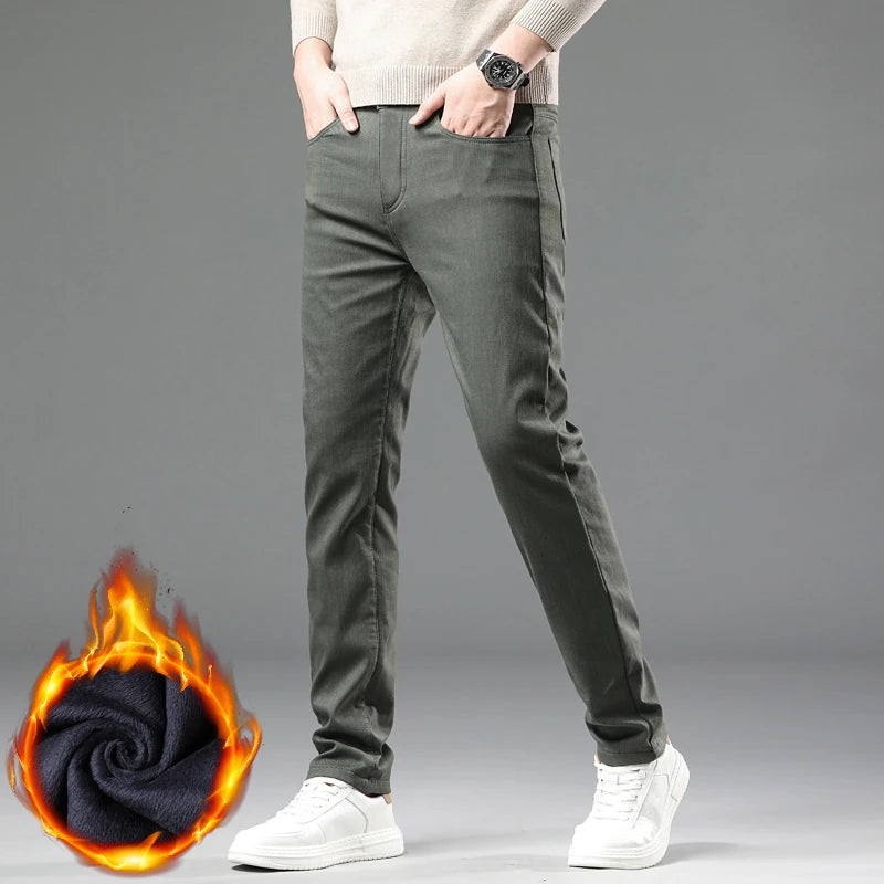 Winter 2025 Men’s Fleece Pants – Thick Slim Fit Velvet Trousers, Warm Elastic Business Casual Plush Pants