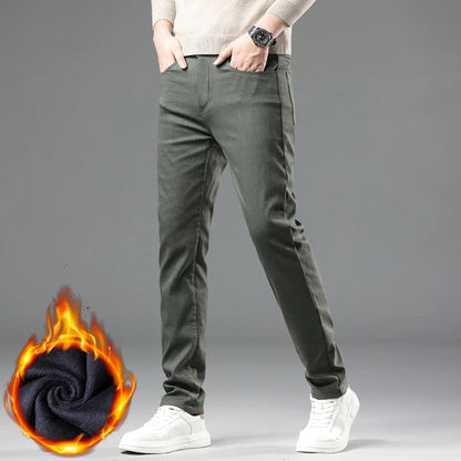 Winter 2025 Men’s Fleece Pants – Thick Slim Fit Velvet Trousers, Warm Elastic Business Casual Plush Pants