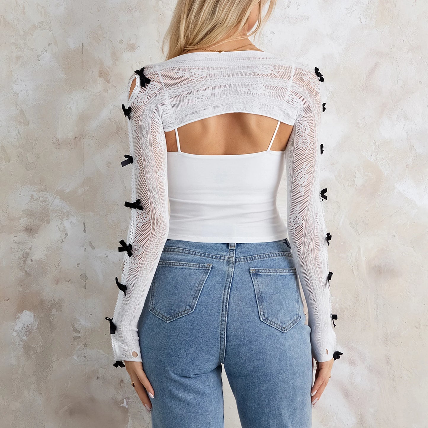 Women’s Lace Shrug Bolero Cardigan – Open Front Fishnet Cropped Shawl Arm Sleeves with Finger Holes Costume Accessories