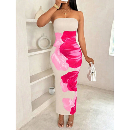 Women’s Sexy Slim Fit Long Dress - Elegant Printed Fashion Dress with Chest Detail and Side Slit Design