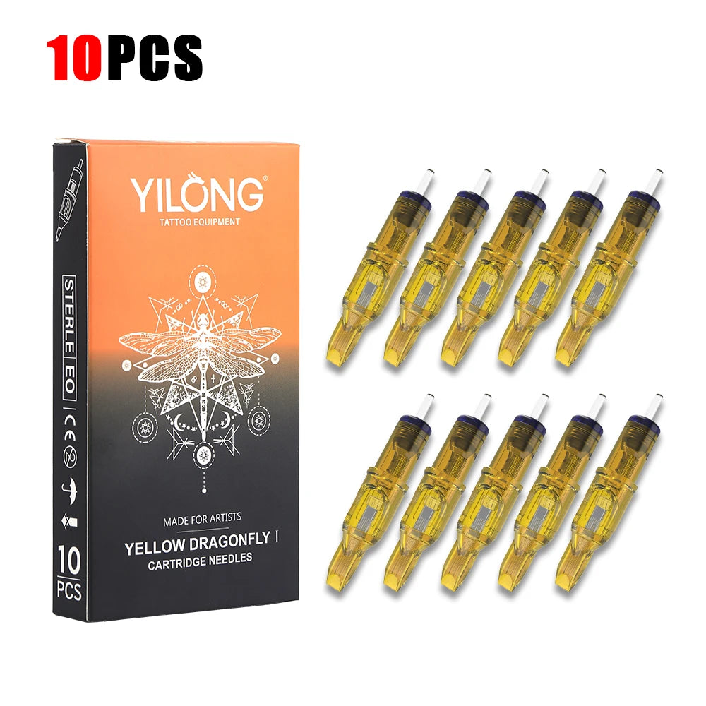 10PCS Yellow Dragonfly Tattoo Cartridge Needles – RL, RM, RS, M1 (1–15 Sizes) for Tattoo Machine Pens
