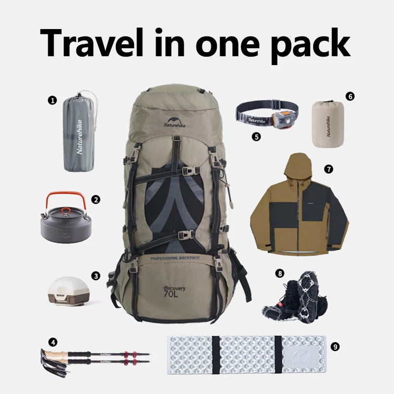 Naturehike 70L Camping Backpack — Large Capacity Ergonomic Hiking & Trekking Bag for Men with Rain Cover