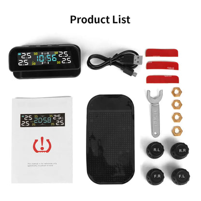 Solar Car TPMS Tire Pressure Monitoring System – 4 External Sensors with Temperature Alarm for Tyre Safety