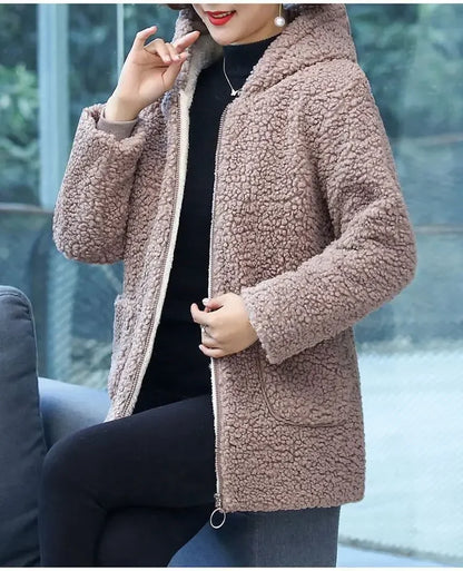 Women’s Thickened Hooded Cotton Jacket – Fleece-Lined Winter Coat, Warm Mommy-Style Outerwear by AE Stock