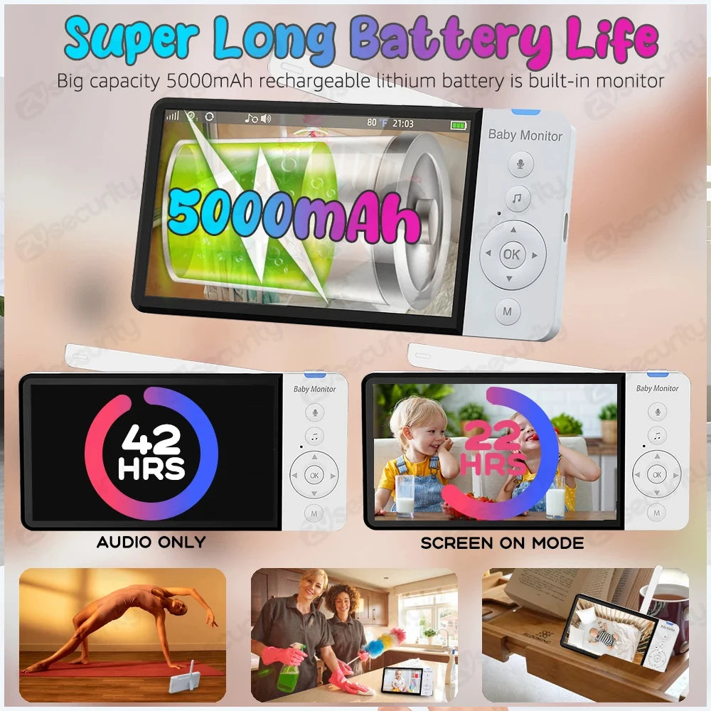 5'' IPS Screen Pan-Tilt-Zoom Video Baby Monitor – 30H Battery, 2-Way Talk, Night Vision, Temperature Sensor & Lullabies, SD Card Support Baby Camera