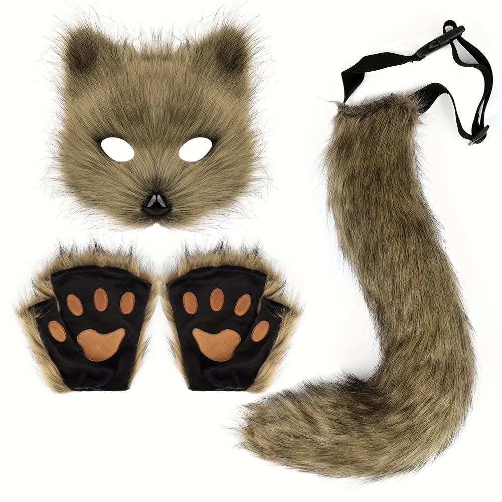 5pcs Fluffy Fur Fox Tail & Cat Paws Gloves Set — Wolf Mask Halloween Cosplay Costume Accessories for Theme Party Dress-Up