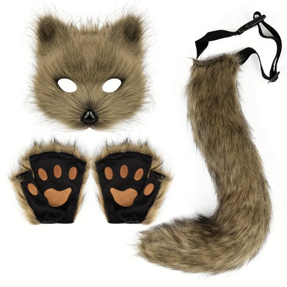 5pcs Fluffy Fur Fox Tail & Cat Paws Gloves Set — Wolf Mask Halloween Cosplay Costume Accessories for Theme Party Dress-Up
