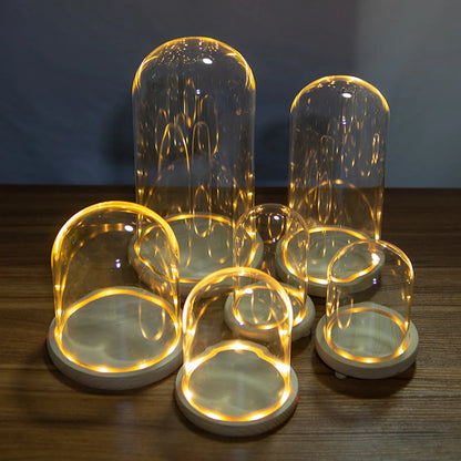 Glass Dome with Wooden Base & LED Light – Terrarium Vase, Flower Holder, Landscape Container for Bedroom Decor & Birthday Gifts