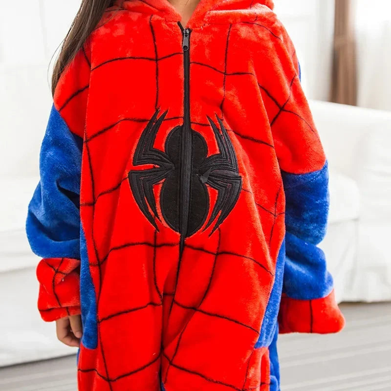 Children's Spider Red Pajamas Set – Flannel Hooded Cosplay Kigurumi Sleepwear for Boys & Girls