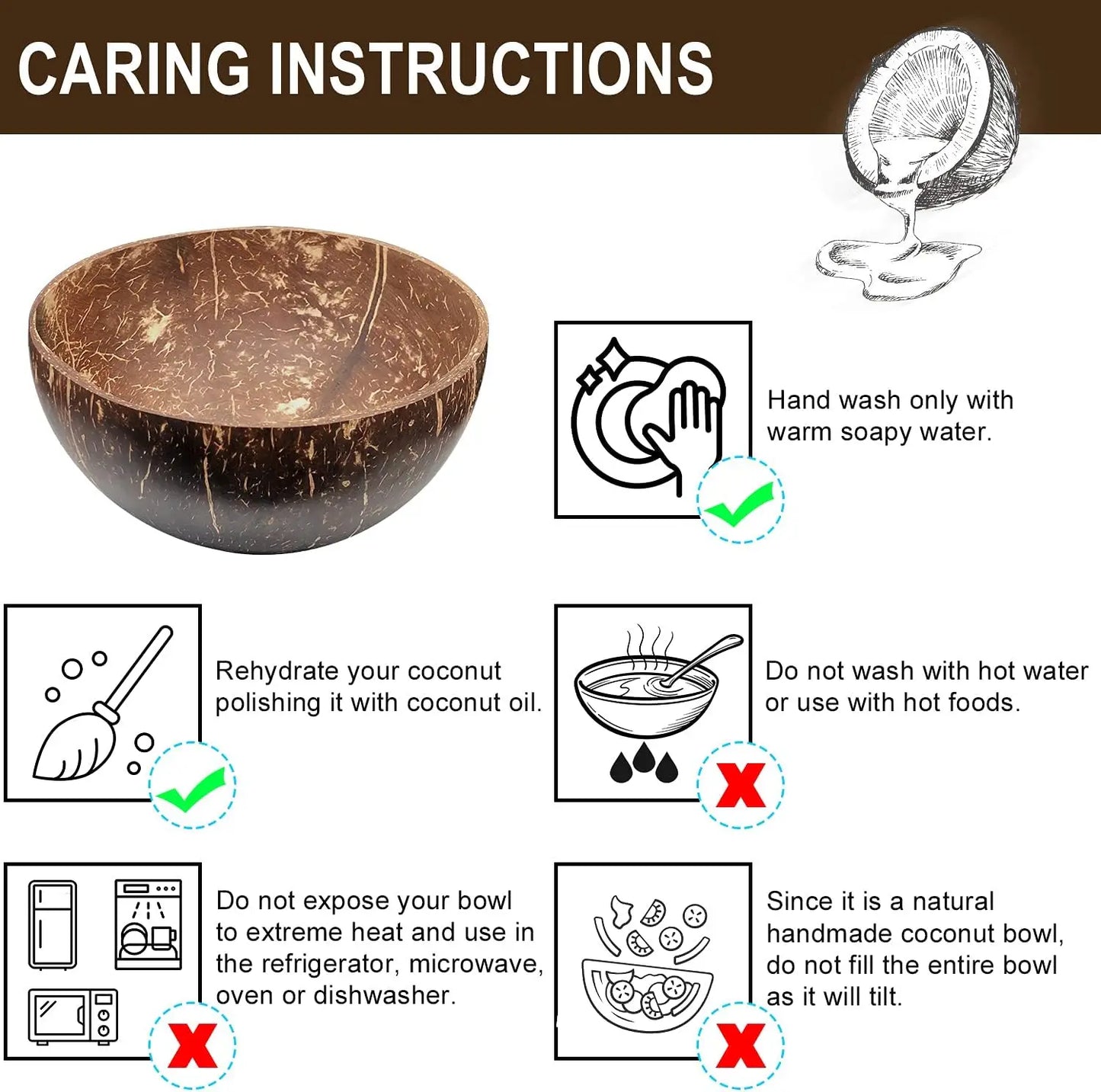 Coconut Bowls for Serving – Reusable Wooden Salad and Dish Utensils | Natural Coconut Shell Bowls for Breakfast and Parties