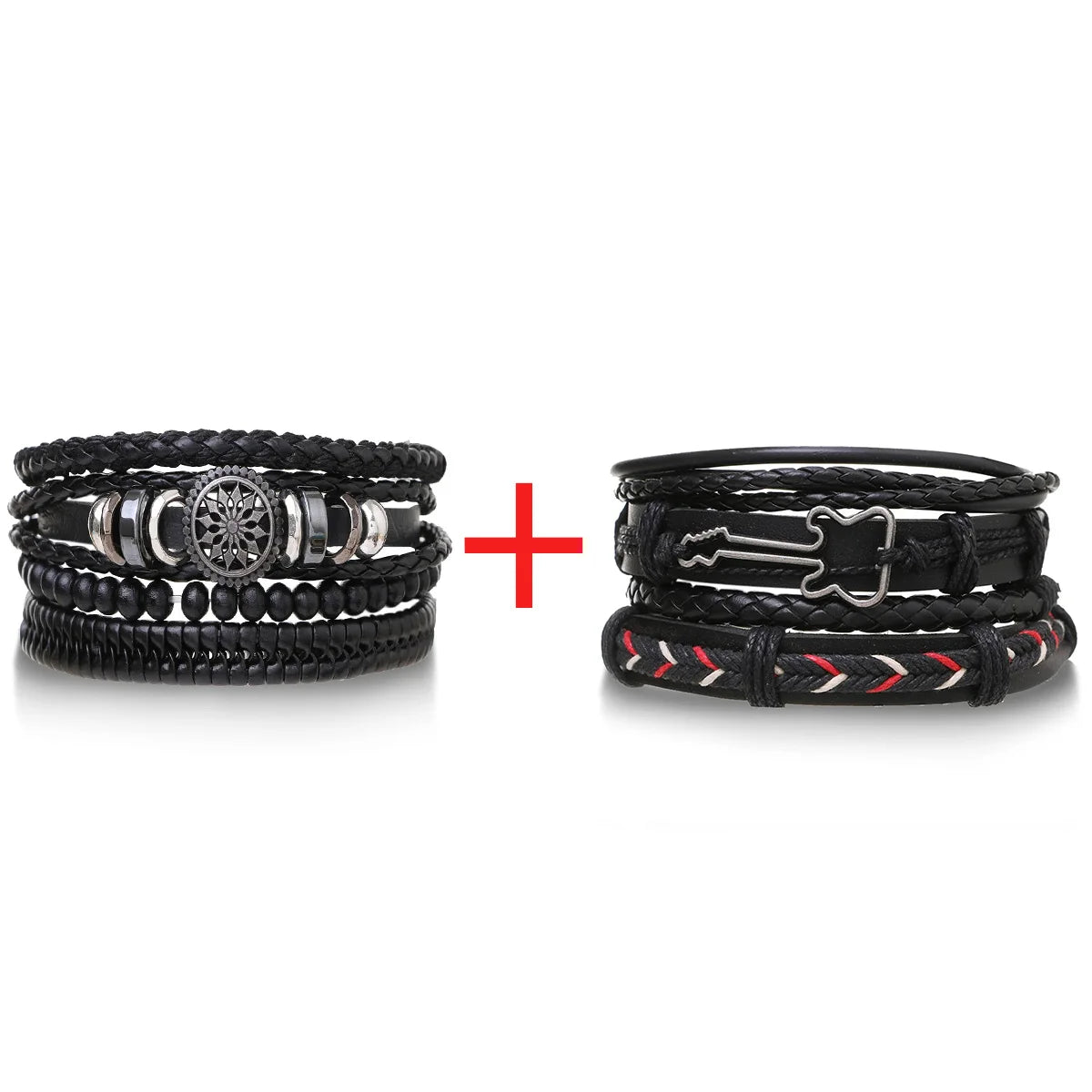 4Pcs Men's Braided Leather Bracelets Set – Vintage Life Tree & Rudder Charms, Wood Beads, Ethnic Tribal Wristbands