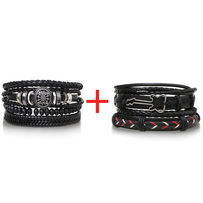 4Pcs Men's Braided Leather Bracelets Set – Vintage Life Tree & Rudder Charms, Wood Beads, Ethnic Tribal Wristbands