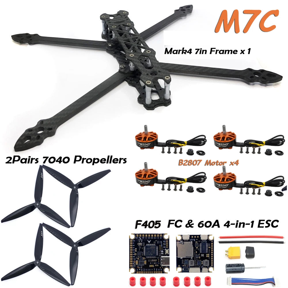 MARK4 7" Carbon Fiber FPV Drone Kit — B2807 Brushless Motors, F405 FC, 60A ESC, 7040 Props & 2.5W VTX Camera (DIY)
