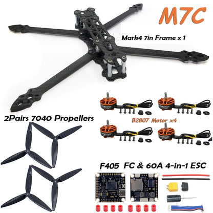 MARK4 7" Carbon Fiber FPV Drone Kit — B2807 Brushless Motors, F405 FC, 60A ESC, 7040 Props & 2.5W VTX Camera (DIY)