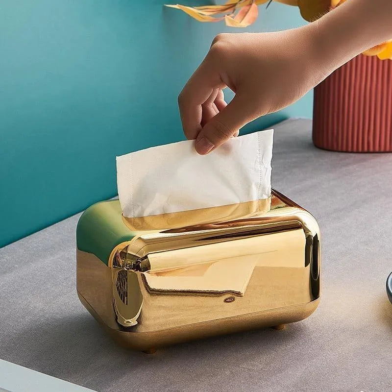 Luxury Golden Tissue Box – Desktop Napkin Holder & Paper Organizer for Home, Kitchen & Office