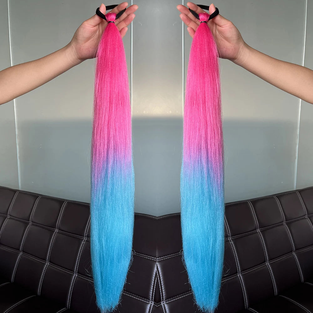 2PCS Synthetic Straight Ponytail Hair Extensions – Colorful Braiding with Elastic Hair Tie for Women