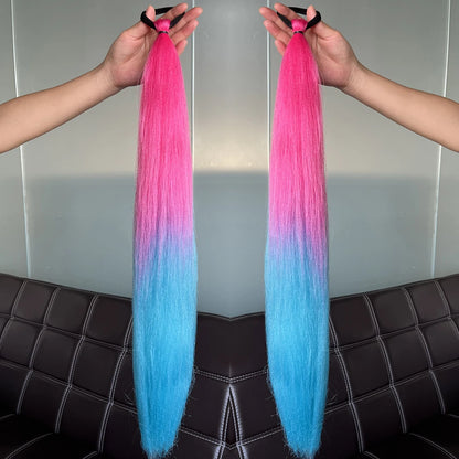 2PCS Synthetic Straight Ponytail Hair Extensions – Colorful Braiding with Elastic Hair Tie for Women