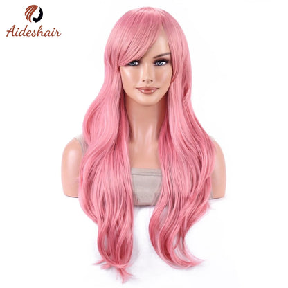Aideshair 28" Long Wavy Curly Synthetic Wig – Heat Resistant Cosplay Wig for Women with Free Wig Cap